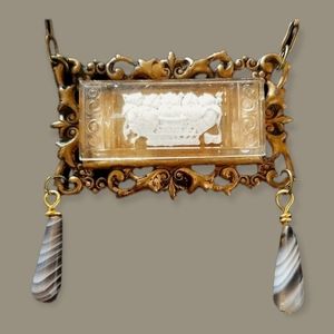 Vintage Repurposed Czech Glass Intaglio Brass Lavaliere Necklace